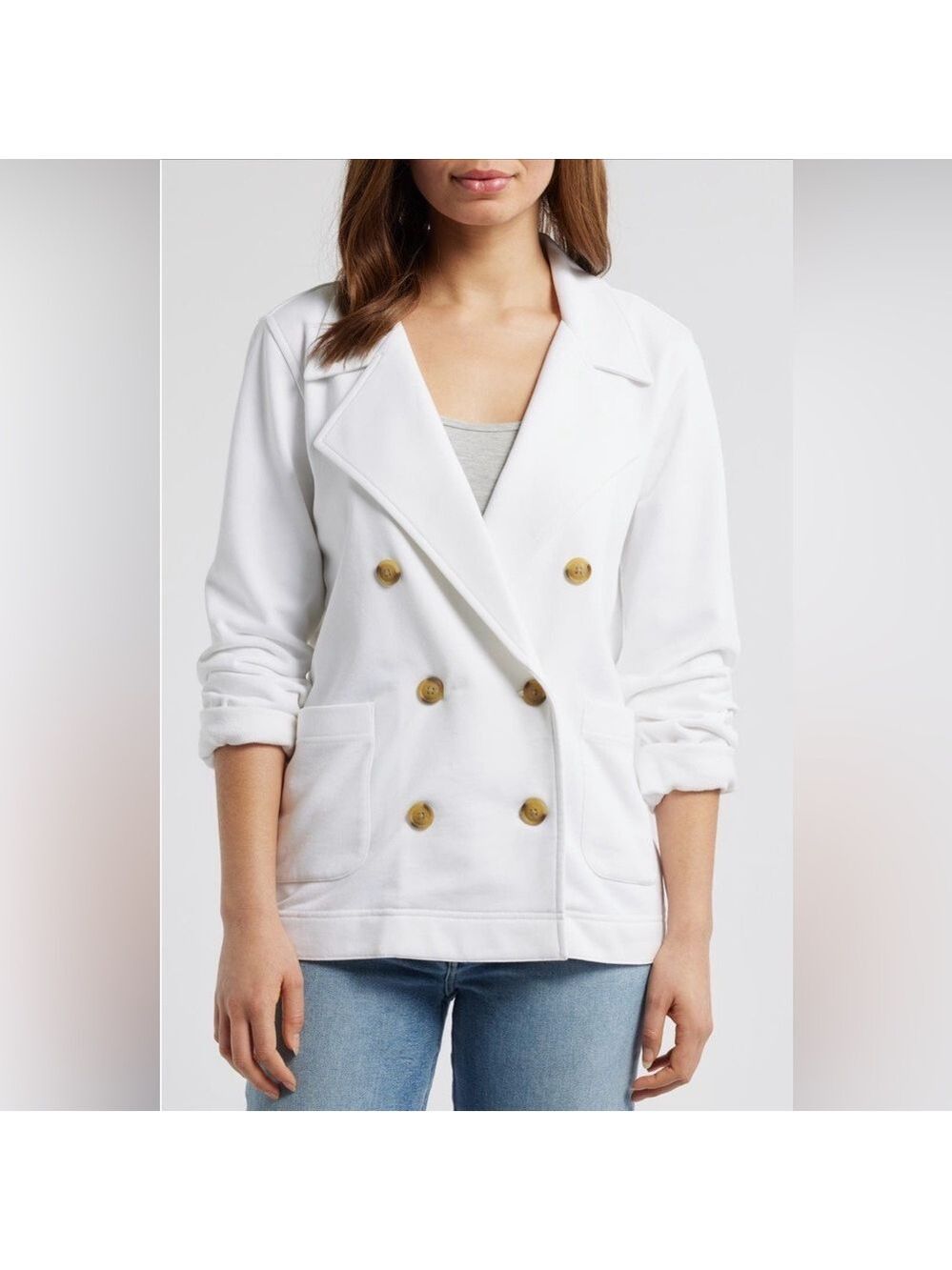 Caslon Nordstrom double breasted knit blazer patch pockets white Size XS EUC